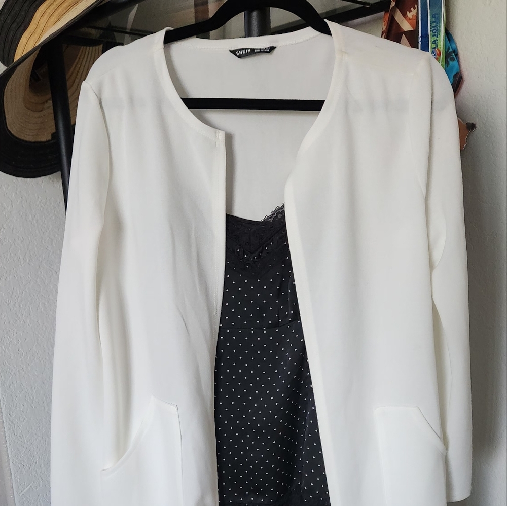 SHEIN White Blazer with Black Polka Dot Inner